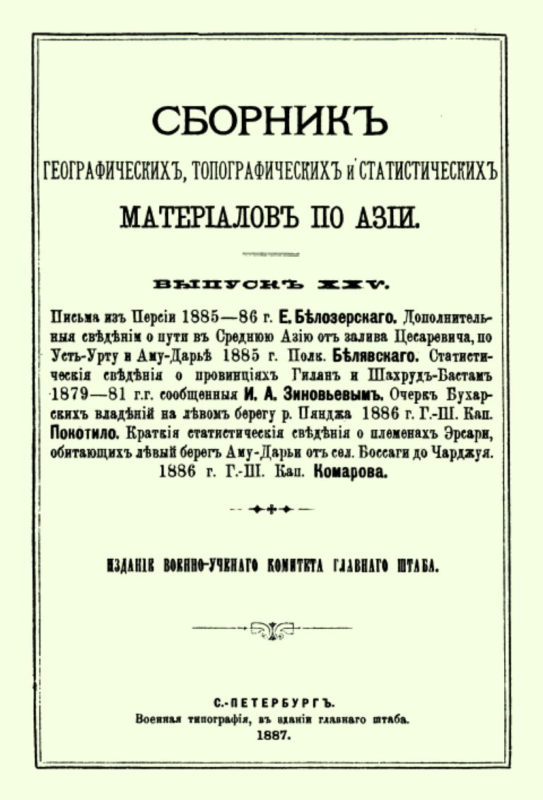 Сборник географических, топографических и статистических материалов по Азии. Вып. 25. - Санкт-Петербург: Изд. Воен.-учен. ком. Глав. штаба, 1887. - 297 с., 1 л. карт.